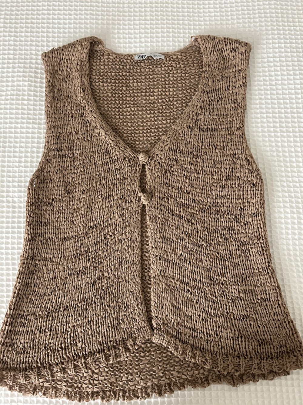 Zara Tan Knit Textured Open-Front Vest